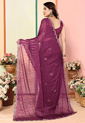 Digital Printed Georgette Scalloped Saree in Purple