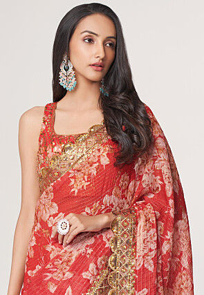 Digital Printed Georgette Scalloped Saree in Red