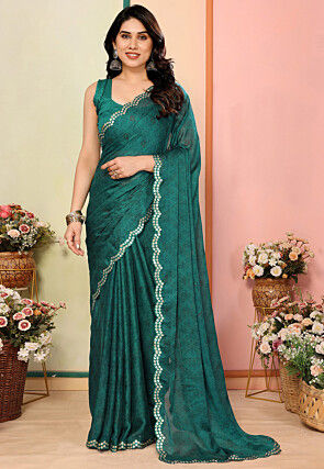 Digital Printed Georgette Scalloped Saree in Teal Green
