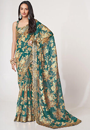Digital Printed Georgette Scalloped Saree in Teal Green