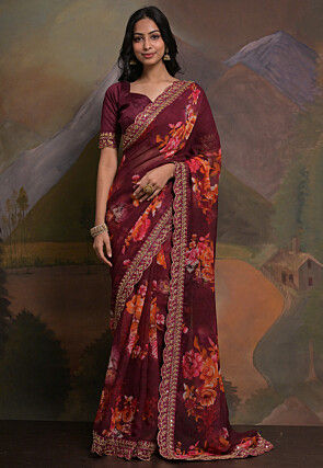 Digital Printed Georgette Scalloped Saree in Wine