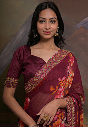 Digital Printed Georgette Scalloped Saree in Wine