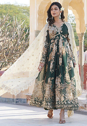 Digital Printed Georgette Silk Abaya Style Suit in Dark Green