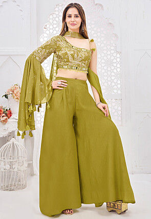 Digital Printed Georgette Silk Jacquard Crop Top Set in Green