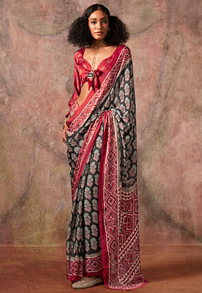 Digital Printed Georgette Silk Saree in Black