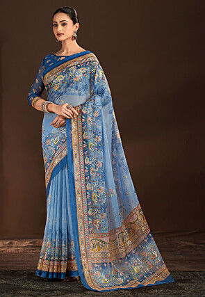 Digital Printed Organza Saree in Blue