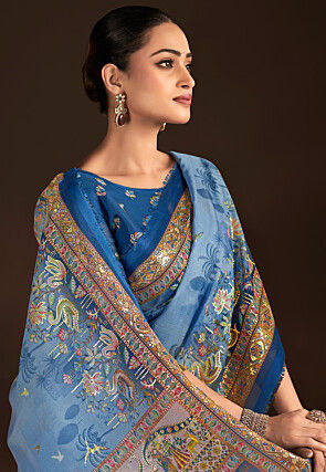 Digital Printed Organza Saree in Blue
