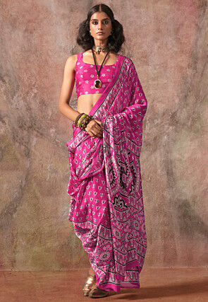 Digital Printed Georgette Silk Saree in Pink