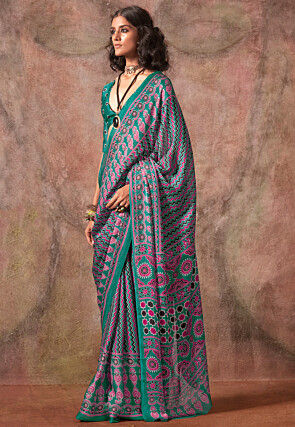 Digital Printed Georgette Silk Saree in Teal Green