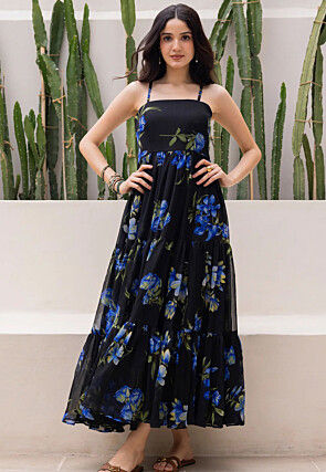 Digital Printed Georgette Tiered A Line Dress in Black