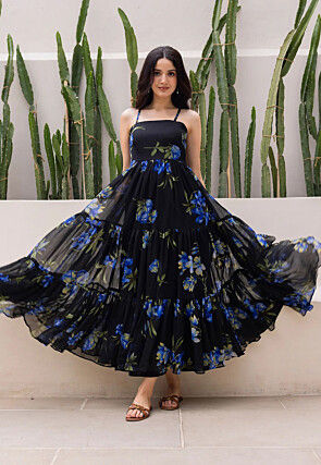 Digital Printed Georgette Tiered A Line Dress in Black
