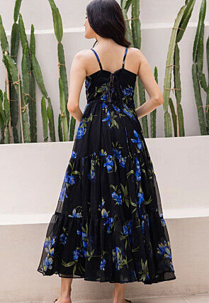 Digital Printed Georgette Tiered A Line Dress in Black