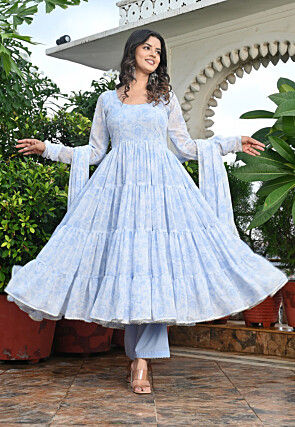 Digital Printed Georgette Tiered A Line Suit in Light Blue