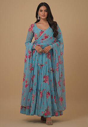 Digital Printed Georgette Tiered Abaya Style Suit in Blue
