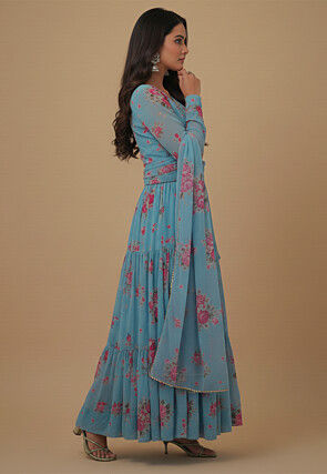 Digital Printed Georgette Tiered Abaya Style Suit in Blue