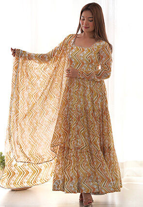 Digital Printed Georgette Tiered Abaya Style Suit in Cream