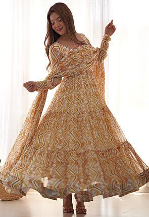 Digital Printed Georgette Tiered Abaya Style Suit in Cream