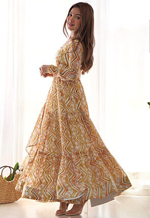 Digital Printed Georgette Tiered Abaya Style Suit in Cream