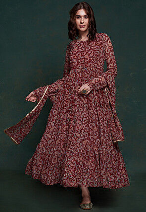 Digital Printed Georgette Tiered Abaya Style Suit in Maroon