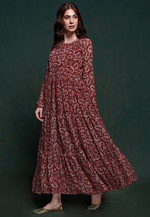 Digital Printed Georgette Tiered Abaya Style Suit in Maroon