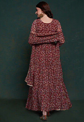 Digital Printed Georgette Tiered Abaya Style Suit in Maroon
