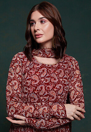 Digital Printed Georgette Tiered Abaya Style Suit in Maroon