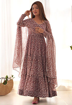 Digital Printed Georgette Tiered Abaya Style Suit in Pink