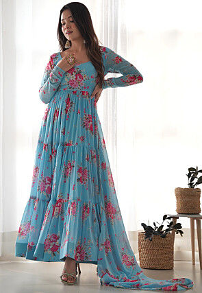 Digital Printed Georgette Tiered Abaya Style Suit in Sky Blue