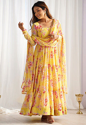 Digital Printed Georgette Tiered Abaya Style Suit in Yellow