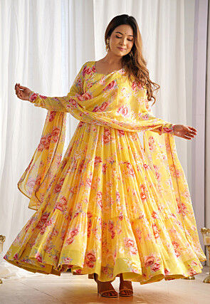 Digital Printed Georgette Tiered Abaya Style Suit in Yellow