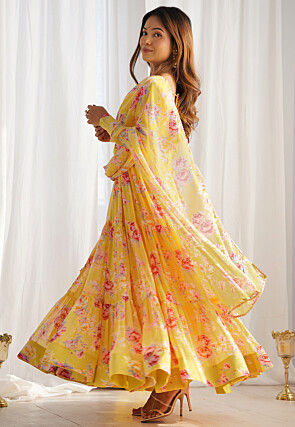Digital Printed Georgette Tiered Abaya Style Suit in Yellow