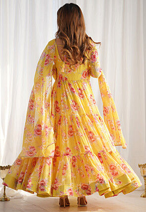 Digital Printed Georgette Tiered Abaya Style Suit in Yellow
