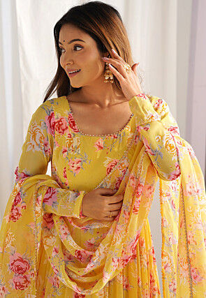 Digital Printed Georgette Tiered Abaya Style Suit in Yellow
