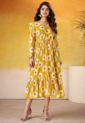 Digital Printed Georgette Dress in Mustard