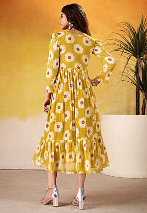 Digital Printed Georgette Dress in Mustard