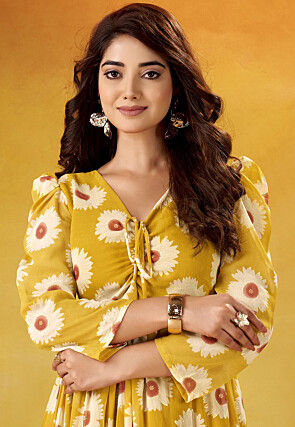 Digital Printed Georgette Dress in Mustard