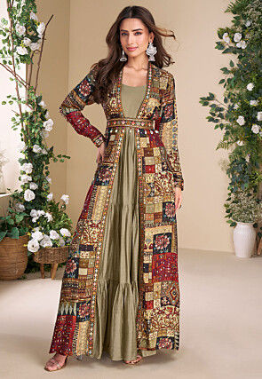 Digital Printed Georgette Tiered Gown in Beige