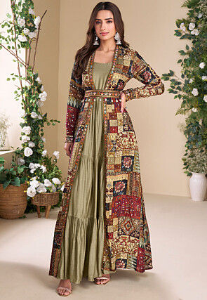 Digital Printed Georgette Tiered Gown in Beige