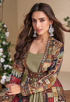 Digital Printed Georgette Tiered Gown in Beige