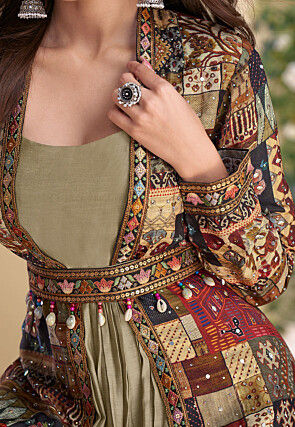 Digital Printed Georgette Tiered Gown in Beige