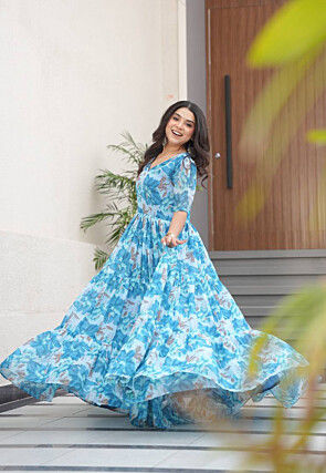Digital Printed Georgette Tiered Gown in Blue