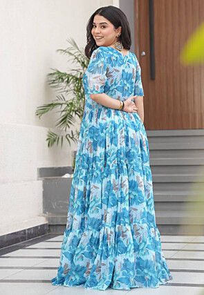 Digital Printed Georgette Tiered Gown in Blue