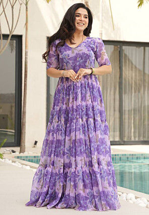 Digital Printed Georgette Tiered Gown in Purple