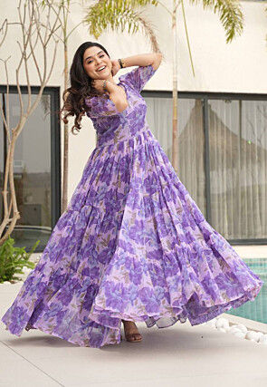 Digital Printed Georgette Tiered Gown in Purple