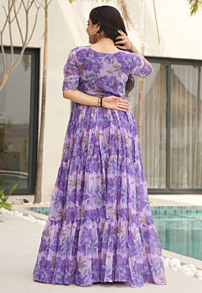 Digital Printed Georgette Tiered Gown in Purple