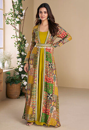Digital Printed Georgette Tiered Gown in Yellow