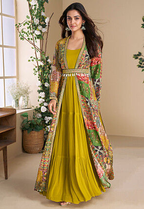 Digital Printed Georgette Tiered Gown in Yellow