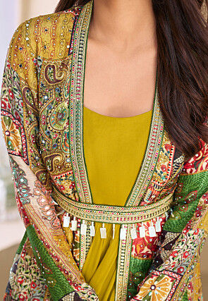 Digital Printed Georgette Tiered Gown in Yellow