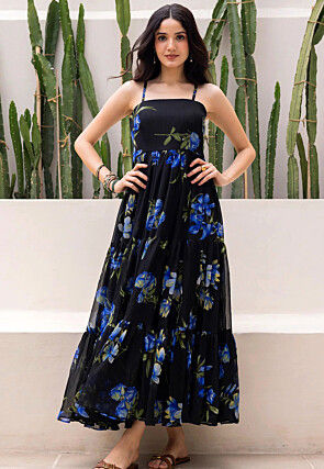 Digital Printed Georgette Tiered Maxi Dress in Black