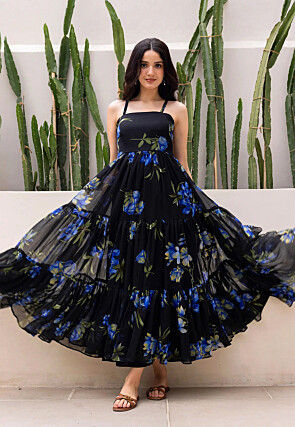 Digital Printed Georgette Tiered Maxi Dress in Black